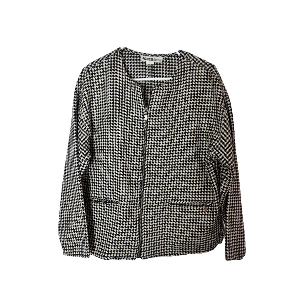 Jones & Co Women's 14 Houndstooth Black/White Zip Front Blazer Wool Career Casua